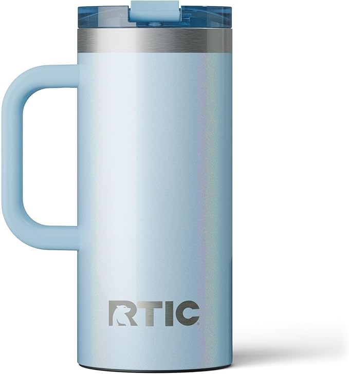 RTIC 16oz Road Trip Travel Mug with Lid and Handle, Ceramic Lined, Insulated, Stainless Steel, Metal, Double Wall Vacuum-Insulation, Portable Coffee, Tea Cup for Hot and Cold Drink, RTIC Ice Glitter