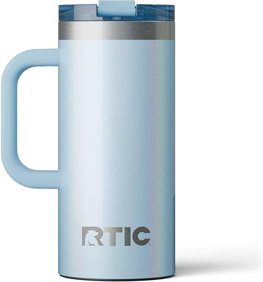 RTIC 16oz Road Trip Travel Mug with Lid and Handle, Ceramic Lined, Insulated, Stainless Steel, Metal, Double Wall Vacuum-Insulation, Portable Coffee, Tea Cup for Hot and Cold Drink, RTIC Ice Glitter