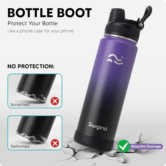 [2-IN-1 LID] Insulated Water Bottle with Silicone Boot (36hrs Cold/18hrs Hot) - DIY Stickers, Leakproof, BPA Free, 24 oz