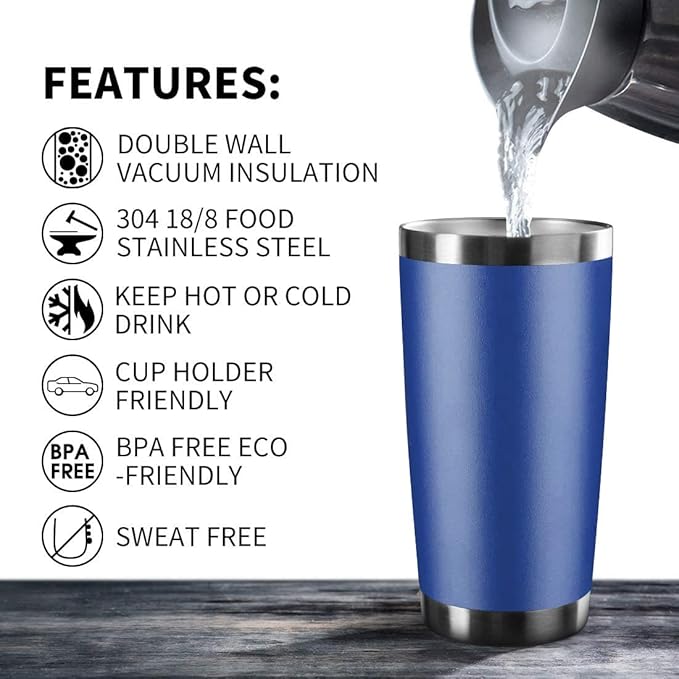 20oz Tumbler Stainless Steel Vacuum Insulated Mug with Lid, Double Wall Travel Mug, Durable Powder Coated Coffee Cup, Suitable for Ice Drinks and Hot Beverage (New Blue 6 pack)