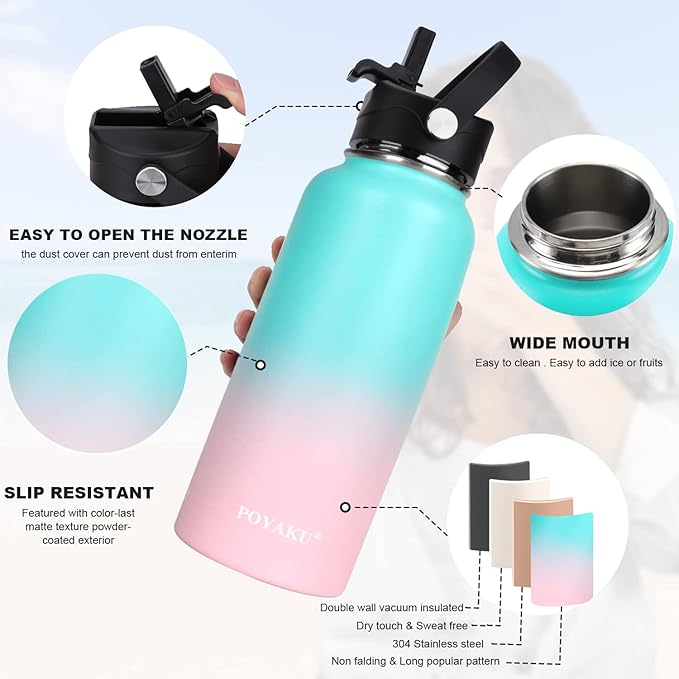 Water Bottle Insulated 32oz 40oz 64oz 128oz Straw Lid Spout Lid & 3 Lids, Leak Proof, Vacuum Insulated,Stainless Steel Water Bottle Wide Mouth for Sports, Gym or Office