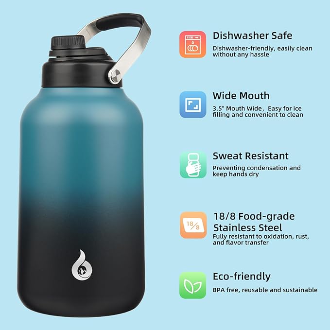 BJPKPK 1 Gallon Water Bottle Insulated, Dishwasher Safe 128oz Large Water Jug with Metal Handle & BPA Free Spout Lid, Stainless Steel Metal Thermo for Gym, Sports & Hiking, Blue Black