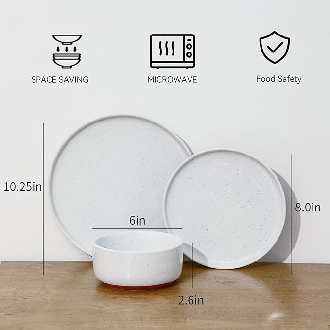 GZG Modern Art Series - 12 Pcs Speckled Stoneware Plates and Bowls Sets, Ceramic Dinnerware Set with Rustic Terracotta Underside, Microwave and Dishwasher Safe Handcrafted Dishes Set - Porcelain White