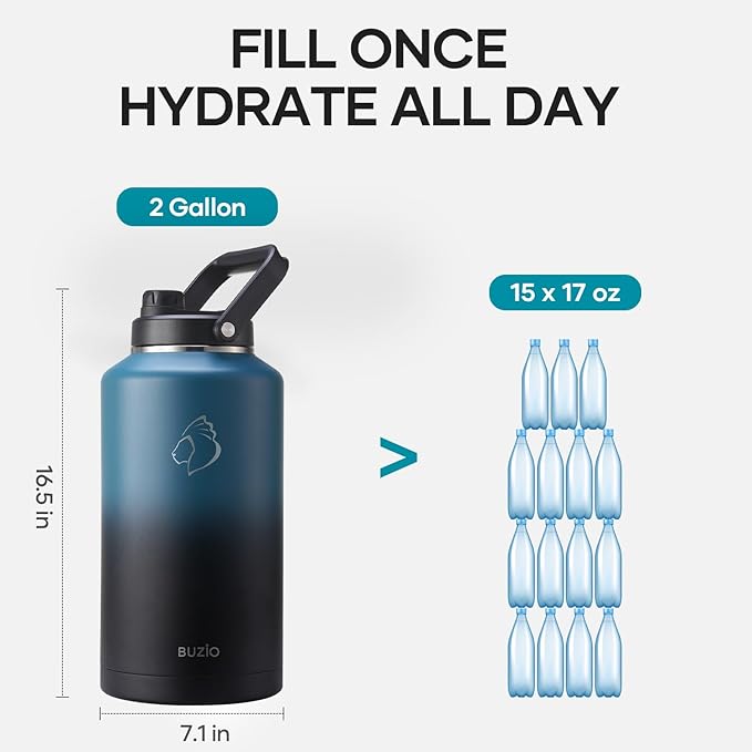 BUZIO 2 Gallon Water Bottle Insulated, (Cold for 48 Hrs) 256oz Extra Large Water Jug Stainless Steel, 4.4in Big Wide Mouth Leak Proof Metal Flask with Handle for Camping,Work,Travel, Indigo Black