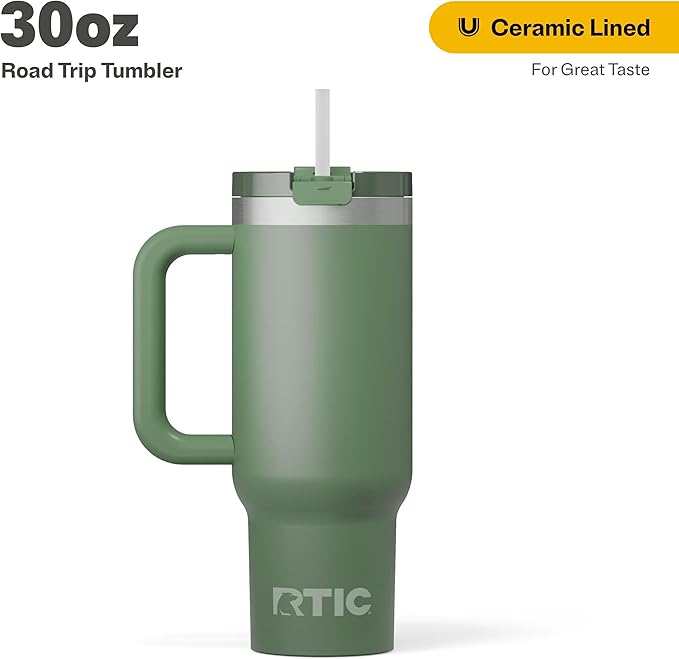 RTIC 30 oz Road Trip Tumbler Double-Walled Ceramic Lined InsulatedStainless Steel Portable Travel Coffee Mug Cup with Lid, Handle and Straw, Sage