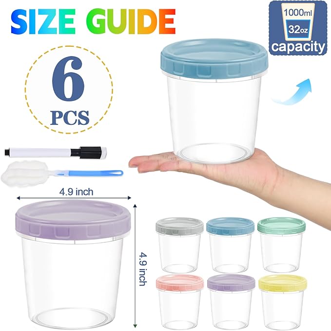 6pcs 32 oz Plastic Containers with Screw Top Lids, Reusable Clear Food Storage Containers with Pen and Brush, Leakproof Freezer Soup Containers, Microwave & Dishwasher Safe