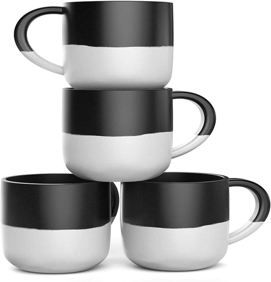 Set of 4 Jumbo 18oz Wide-mouth Soup & Cereal Ceramic Coffee Mugs (Black and White)