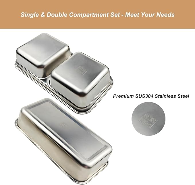 2-Pack Stainless Steel Food Containers Set - Reusable Metal Bento Box for Meal Prep, Portion Control, Lunch & Fruit - Small Travel Snack Container Portable & 1x 2-Compartment, 1x 1-Compartment