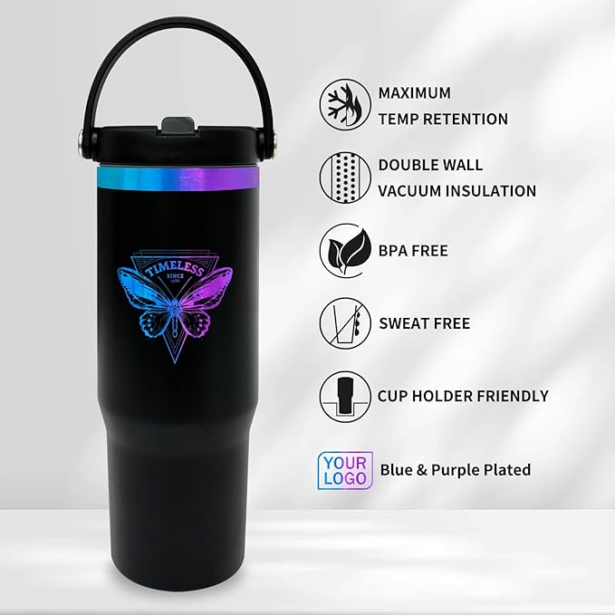 30 oz Tumbler with Handle, Double Wall Vacuum Insulated Tumblers with Flip Straw, Coffee Mug 30oz Powder Coated Cup for Hot and Cold Drinks(Blue Purple Plated, Black,1 pack)
