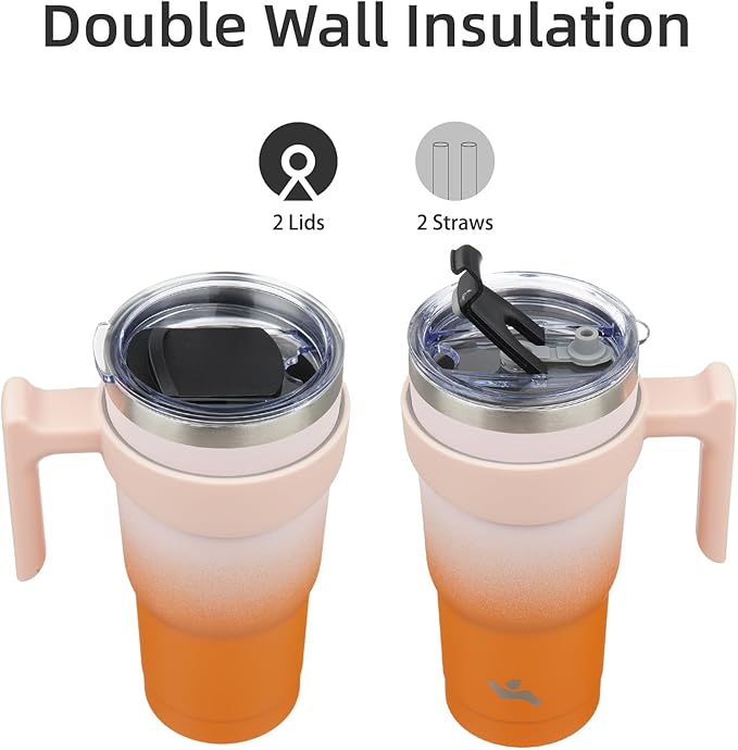 20 oz Tumbler with Handle and 2 Straw 2 Lid, Insulated Water Bottle Stainless Steel Vacuum Cup Reusable Travel Mug,Coral