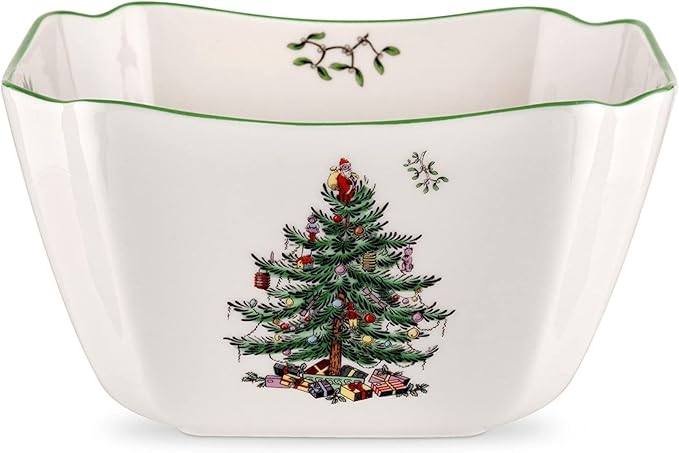Spode Christmas Tree 10-Inch Square Serving Bowl - Durable Porcelain Bowl for Appetizers & Holiday Dishes - Iconic Christmas Design with Green Trim - Microwave & Dishwasher Safe for Festive Gatherings