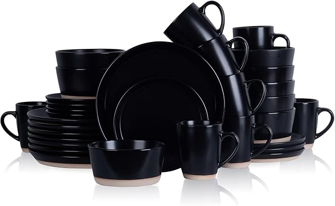 Stone Lain Jules Modern Stoneware 32-Piece Round Black Dinnerware Set, Plates and Bowls Sets, Dish Set for 8, Black