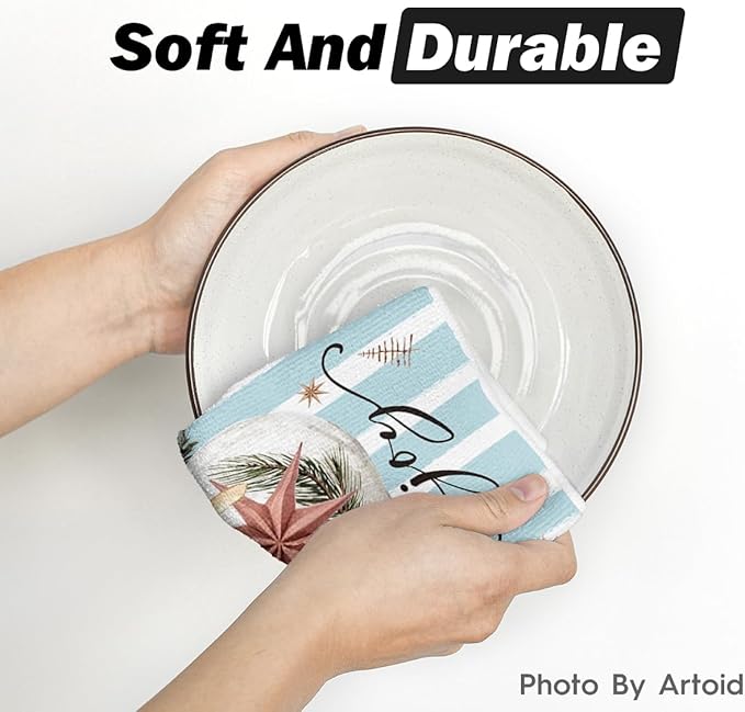 Artoid Mode Blue Xmas Tree Merry Christmas Kitchen Towels Dish Towels, 18x26 Inch Holiday Gloves Ball Hello Winter Decoration Hand Towels Set of 4