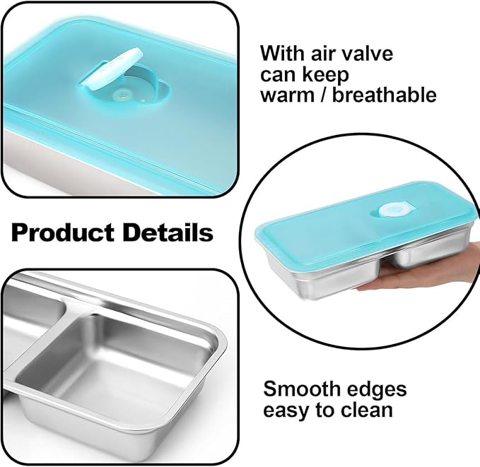 Stainless Steel Snack Containers - 2 Compartment Bento Box with Lids, Dishwasher-Reusable Storage Containers for Snacks, Dips, Fruits, Leak Proof, Travel, Camping (Includes Spoon & Fork)