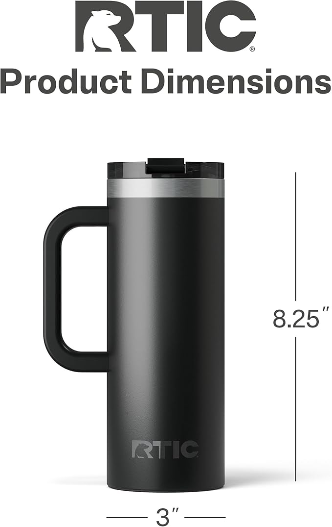 RTIC 20oz Road Trip Travel Mug with Lid and Handle, Ceramic Lined, Insulated, Stainless Steel, Metal, Double Wall Vacuum-Insulation, Portable Coffee, Tea Cup for Hot and Cold Drink, Black