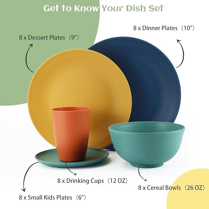 40-Piece Unbreakable Plastic Wheat Straw Dinnerware Set - Multi Color, 8-Person Dish Set for Dinner, Plates, Bowls, Cups & Appetizer Plates - Perfect for Outdoor Camping