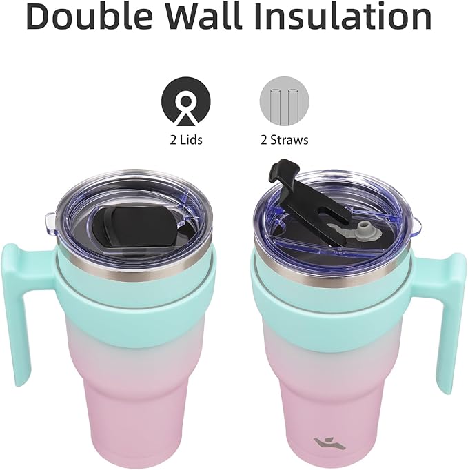 40 oz Tumbler with Handle and 2 Straw 2 Lid, Insulated Water Bottle Stainless Steel Vacuum Cup Reusable Travel Mug,Gum