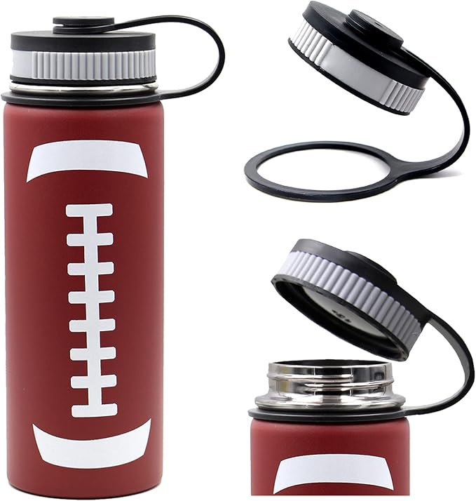 18 oz Football Water Bottle, Metal Thermo Travel Mug Sports Flask with 2 Lids, Stainless Steel Double Wall Vacuum Insulated Leak Proof Water Bottles, Football Accessories Gifts for Mom Men Boys Girls