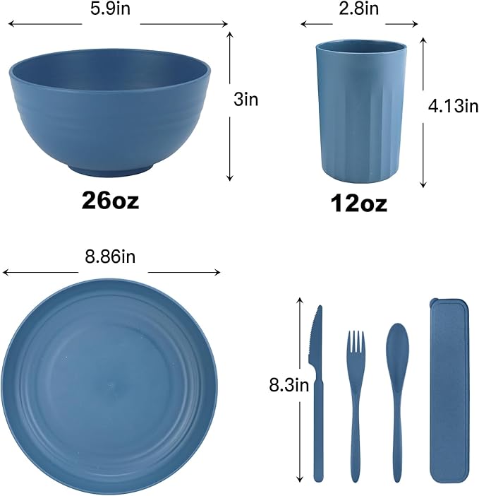 28-Piece Wheat Straw Dinnerware Sets, Microwave & Dishwasher Safe Unbreakable Dinnerware Set, Reusable Dishware Sets, Lightweight Camping Dishes, Plates, Cups, Cereal Bowls for 4 (Navy Blue)