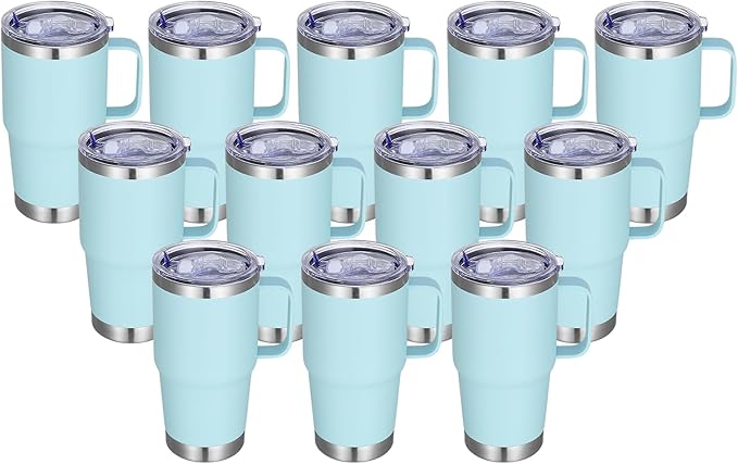 20 oz Stainless Steel Tumbler with Handle Bulk Metal Insulated Tumblers Travel Coffee Mug with Handle Double Wall Tumbler Cup with Lid and Straw, Mint Green 12 Pack