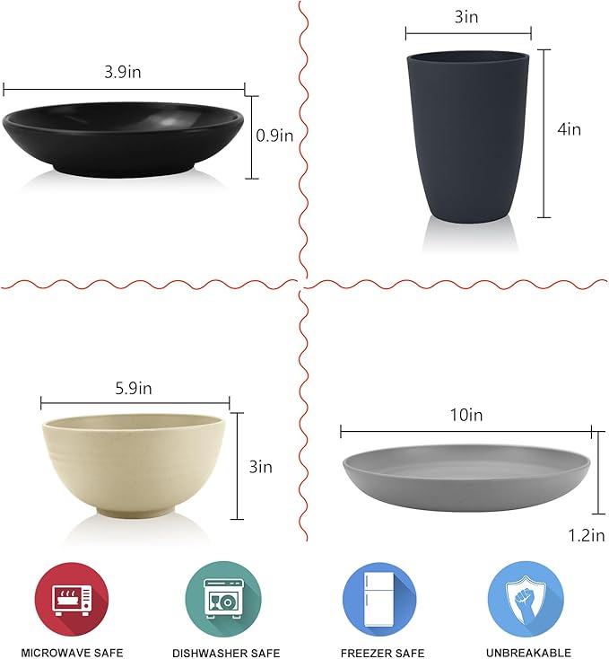 Wrova Wheat straw plates and bowls sets of 16 - Unbreakable wheat straw dinnerware sets for camping - Dishwasher safe and Freezer safe Dishes. Black & Grey