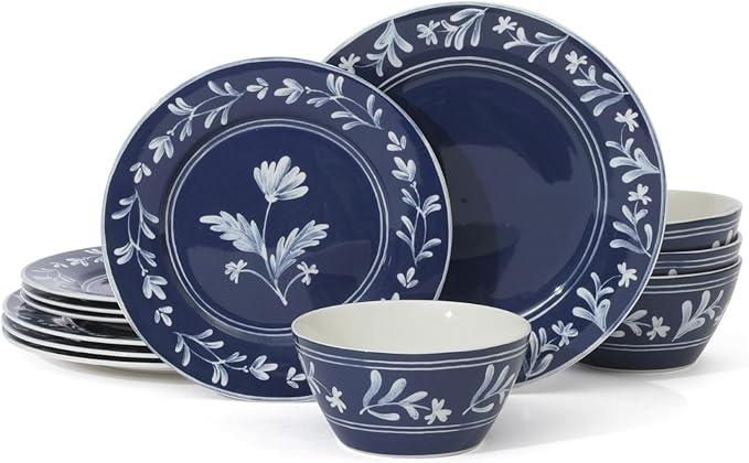 Martha Stewart Maiden Crown 12-Piece Sky Blue Dinnerware Set – Vegan Bone China Ceramic Plates & Bowls – Floral Design – Service for 4 – Microwave & Dishwasher Safe