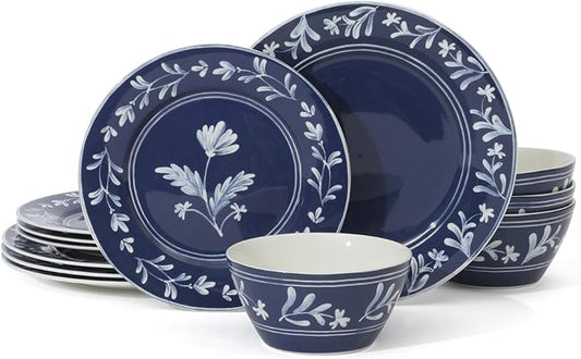 Martha Stewart Maiden Crown 12-Piece Sky Blue Dinnerware Set – Vegan Bone China Ceramic Plates & Bowls – Floral Design – Service for 4 – Microwave & Dishwasher Safe