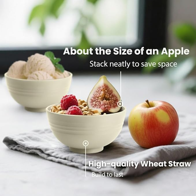 Beige Wheat Straw Bowls, 10 OZ Snack Bowl Set of 8, Unbreakable Ice Cream Bowl Set, Alternative Plastic Bowls Reusable, Microwave Safe Small Appetizer Bowl for Dessert, Snack (Beige)
