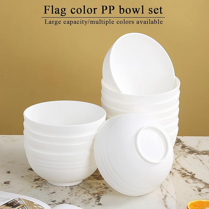 Berglander White Plastic Bowls Set of 12 Pieces 25oz, Reusable and Sturdy Ramen Bowl, Soup Bowls, Cereal Bowl for Adult, Kids, Home, Restaurant, Garden, Picnic, Camping, Poolside, Outdoor