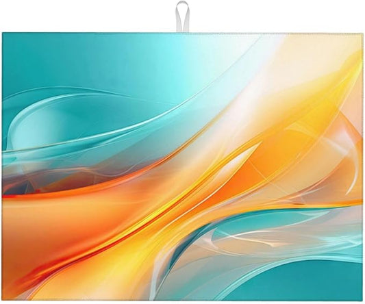 Teal and Burnt Orange Abstract Art Swirl Microfiber Dish Drying Mat, 18 x 24 inch Absorbent Decorative Kitchen Counter Mats, Polyester, Washable, Reusable, Foldable, for Dining Area, Small Appliances