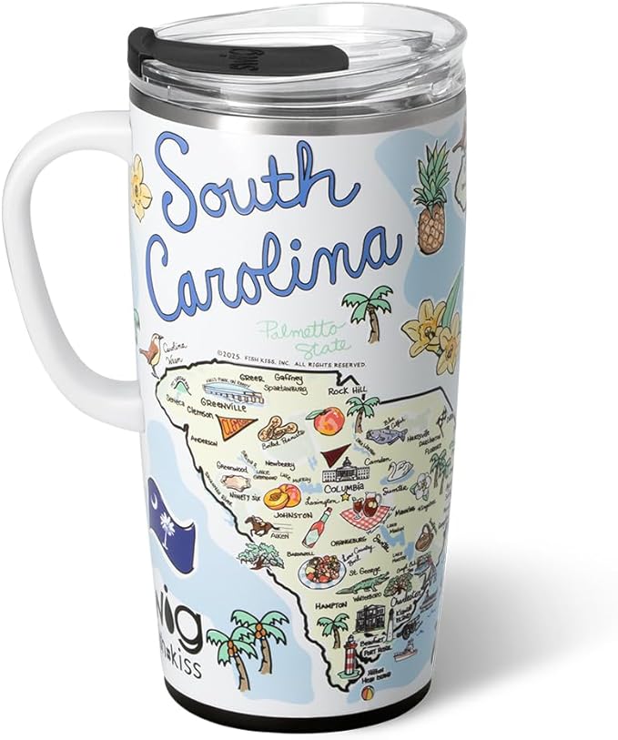 Swig Life 22oz Travel Mug, Insulated Tumbler with Handle and Lid, Travel Coffee Mug, Cup Holder Friendly, Stainless Steel 22 oz Tumbler, Reusable Insulated with Lid (South Carolina)