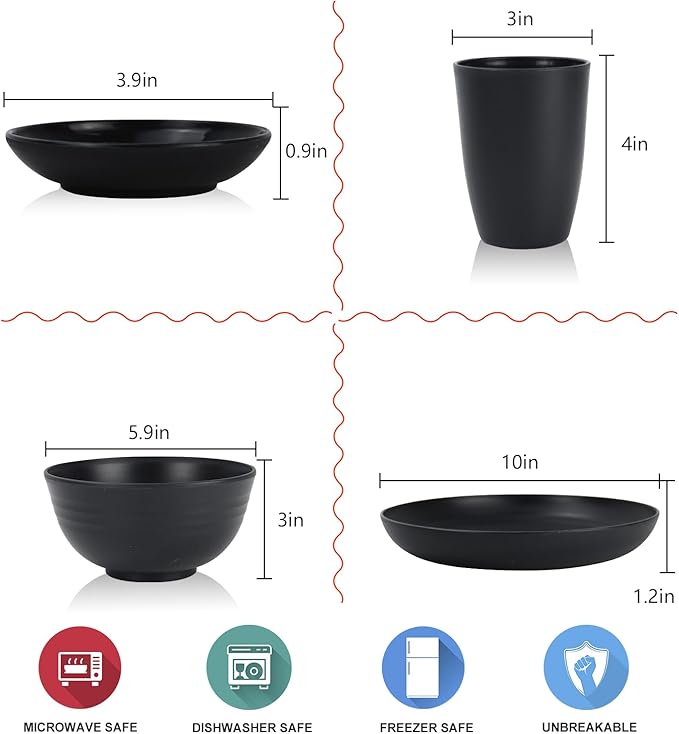 Wrova Wheat straw dinnerware sets of 16-10 inches plates,26oz bowls,2oz dipping bowls,12ozcups - Unbreakable plates and bowls sets microwave safe and dishwasher safe,service for 4. Black