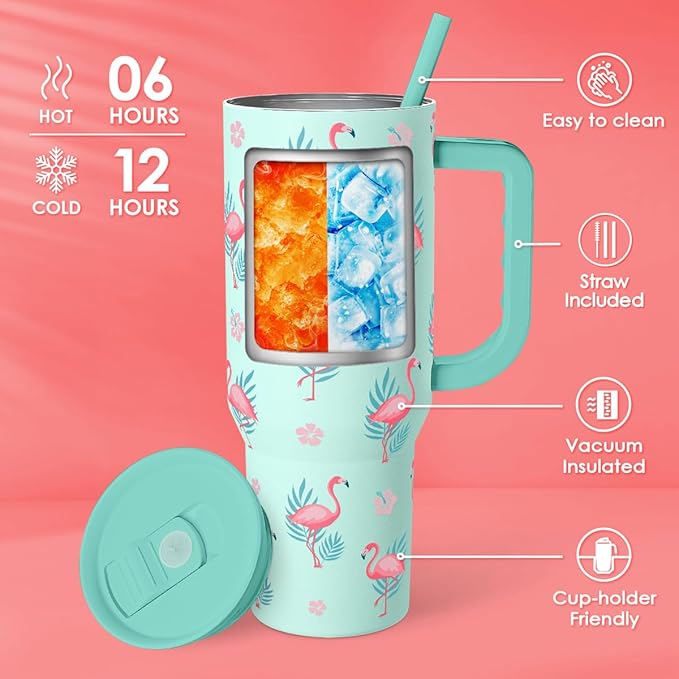 Flamingo Tumbler, Stainless Steel Insulated Tumblers Coffee Mug Cup with Handle, Gifts for Women Girls on Birthday Christmas Summer, 40oz