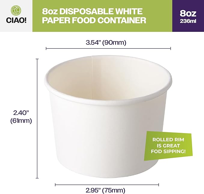 CIAO! 8OZ Disposable White Paper Food Container, 90mm Diameter, Lids Sold Separately (1000/case)