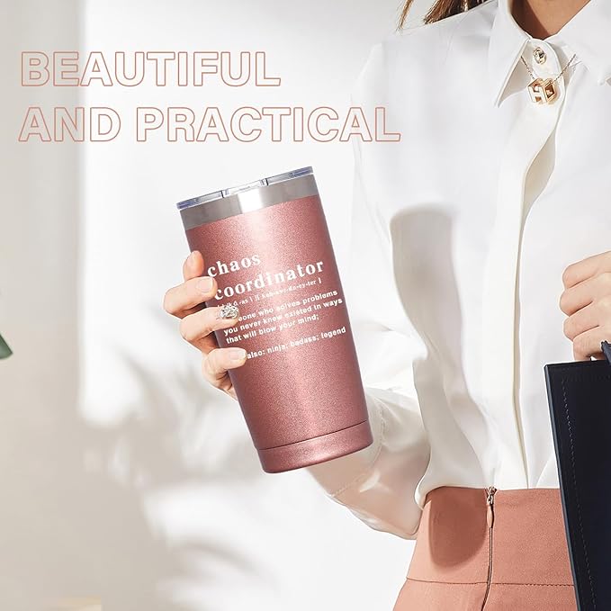 Chaos Coordinator Tumbler Cup - Administrative Professional Day Gifts - Teacher Appreciation,Christmas Birthday Gifts for Women,Boss lady,Coworker,Thank You for Women,20 oz Rose Gold Mug