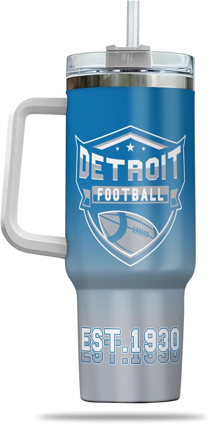 Personalized Football Tumbler with Handle & Straw, 40oz Stainless Steel Insulated Travel Mug, Name & Number Cup, Game Day Fan Gift (Detroit Colors)