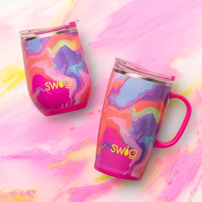 Swig Life 18oz Travel Mug, Insulated Tumbler with Handle and Lid, Travel Coffee Mug, Cup Holder Friendly, Stainless Steel 18 oz Tumbler, Reusable Insulated with Lid (Candy Crush)