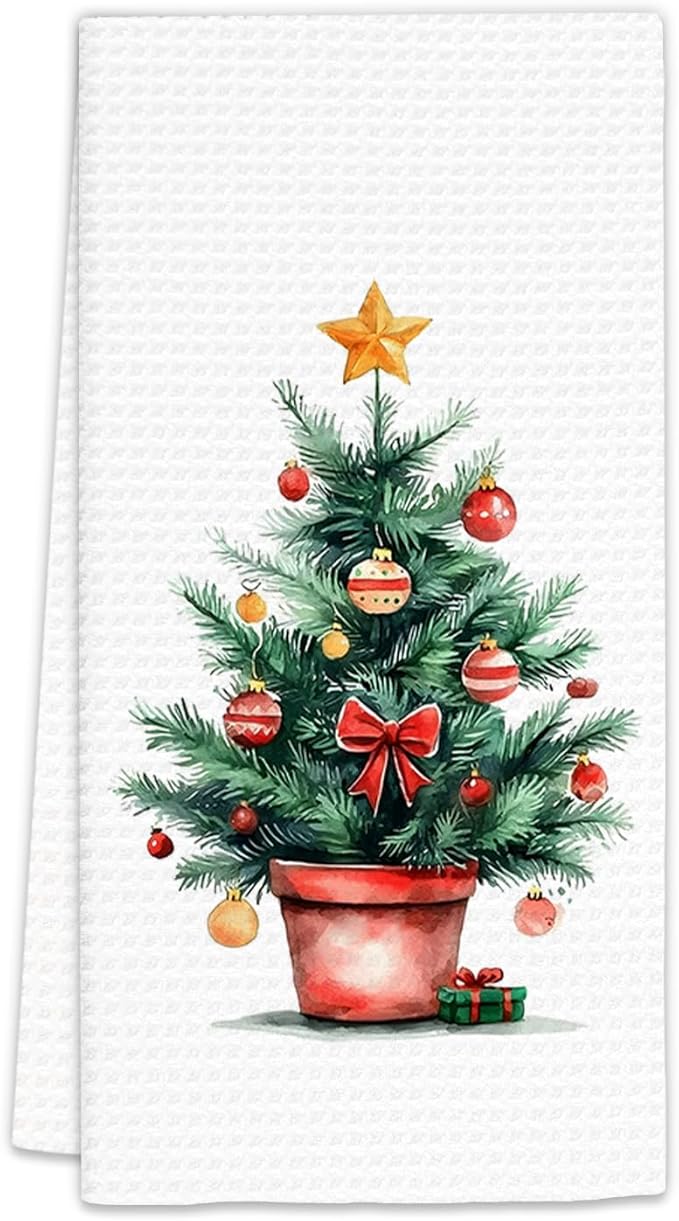 Christmas Tree Kitchen Towels, Christmas Winter Dish Towels, Xmas Tree Winter Holiday Decorative Hand Towels for Bathroom, Rustic Xmas Farmhouse Kitchen Bathroom Decor(16x24 Inch)