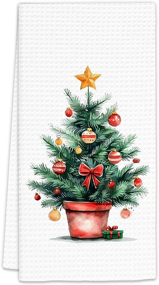 Christmas Tree Kitchen Towels, Christmas Winter Dish Towels, Xmas Tree Winter Holiday Decorative Hand Towels for Bathroom, Rustic Xmas Farmhouse Kitchen Bathroom Decor(16x24 Inch)