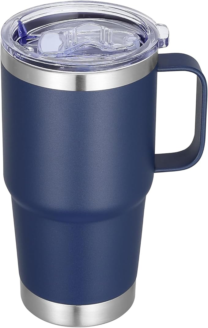 20 oz Stainless Steel Tumbler with Handle Metal Insulated Coffee Travel Mug with Handle Double Wall Tumbler Cup with Lid and Straw, Navy 1 Pack