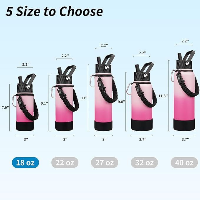 BJPKPK Water Bottle with Straw Lid, 18oz Insulated Water Bottles with 3 Lids, Paracord Handle & Non-slip Boot, Metal Stainless Steel Thermo, BPA Free Leak Proof Cups, Tumblers,Cherry
