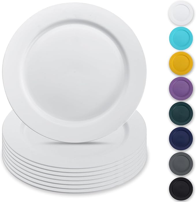 Berglander White Plastic Plates Set of 8 Pieces 10", Reusable Flat Dinner Plates, Salad Plates, Pasta Bowls, Dishes Set Easy to Carry for Home, Garden, Picnic, Camping, Outdoor