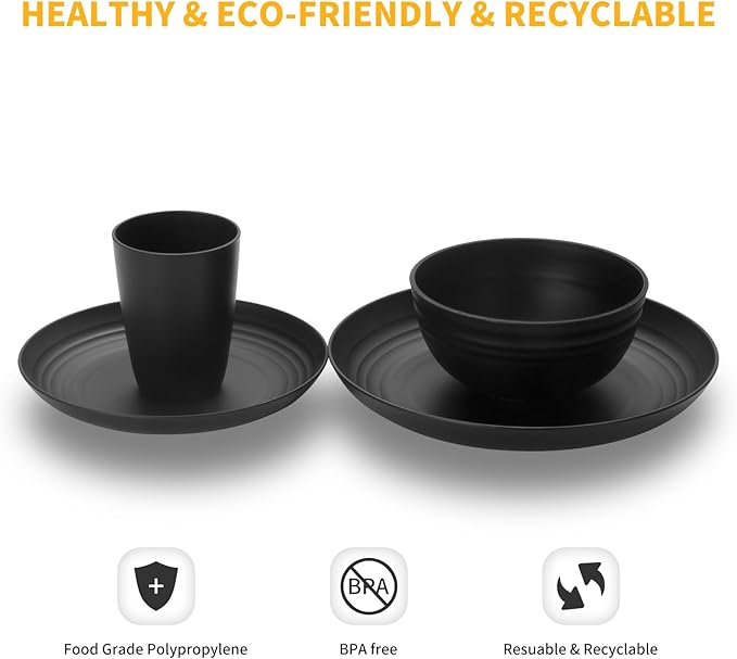 Lazycorner 32Pcs Kitchen Wheat Straw Dinnerware Set, Service for 8, Plastic Reuasble Dinner Dishes Serving Plate Set for Kitchen, Including Dinner Plate, Dessert Plate, Bowl, Cup(Black)