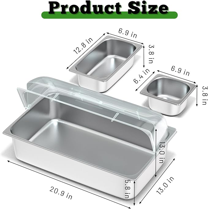Stainless Steel Countertop Food Serving Display Container with Clear Roll Top Cover - Ice Food Serving Tray for Buffet, Restaurant, Kitchen, or Party(6 Pans)