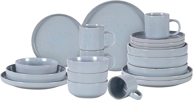 HomeVss, Nordic Shape Rising Rim Stoneware 20pc Dinnerware Set, Matte Light Blue with Speckled Finished Effect