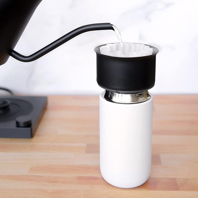 Fellow 12 oz Carter Move Travel Mug - Vacuum-Insulated Stainless Steel Travel Coffee Mug - Coffee Tumbler with Ceramic Interior and Splash Guard - Matte White