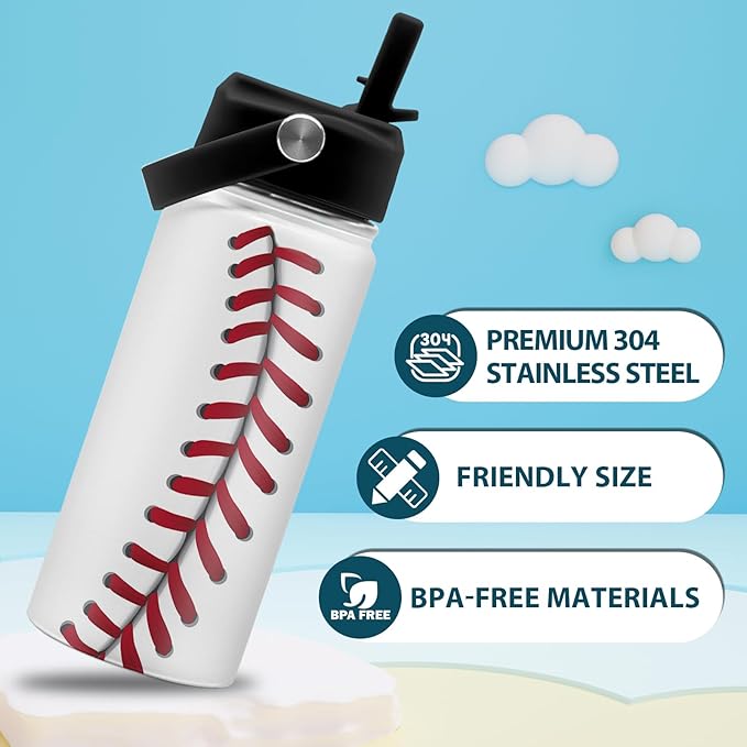Baseball Gifts for Baseball Lovers Players Fan, 16 oz Water Bottle with Straw Lid, Sport Travel Stainless Steel Insulated Tumbler, Birthday Christmas Gifts