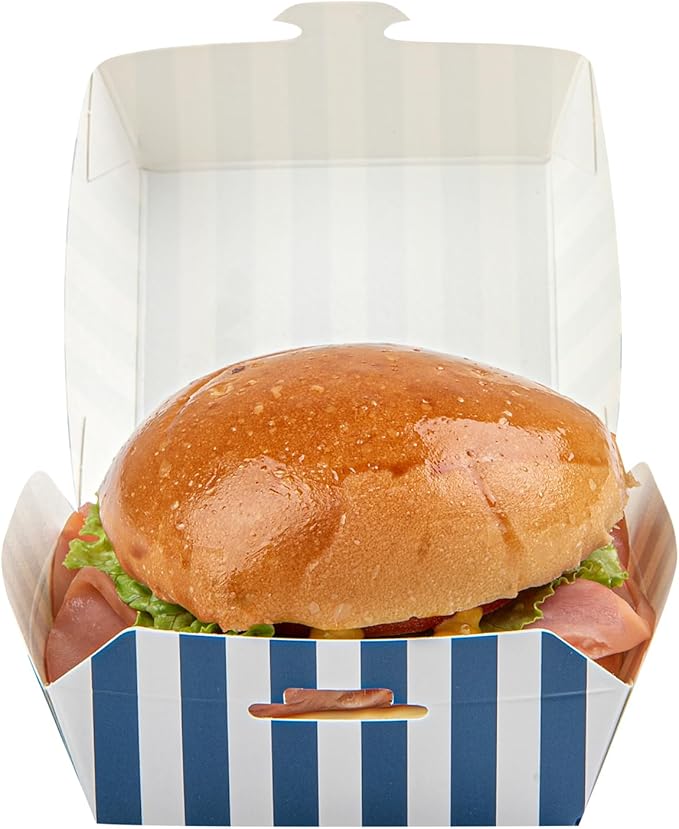 Restaurantware 2.8 x 2.8 x 2 Inch Mini Burger Boxes 100 Clamshell Food Containers - Hinged Lid Striped Blue And White Paper Take Out Boxes Serve Sliders Or Finger Foods