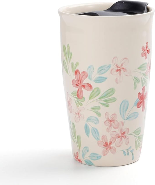 ANTIS'S HOME Ceramic Travel Mug with Lid, Flower Pattern Double Wall Coffee Mug Tumbler 10 oz, Reusable Tall Cup, Splash Resistant Lid, Dishwasher Microwaveable Safe