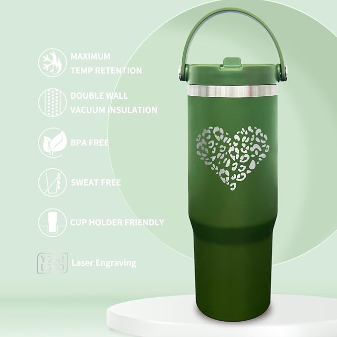 30 oz Tumbler with Handle, Double Wall Vacuum Insulated Tumblers with Flip Straw, Coffee Mug 30oz Powder Coated Cup for Hot and Cold Drinks(Army Green,1 pack)